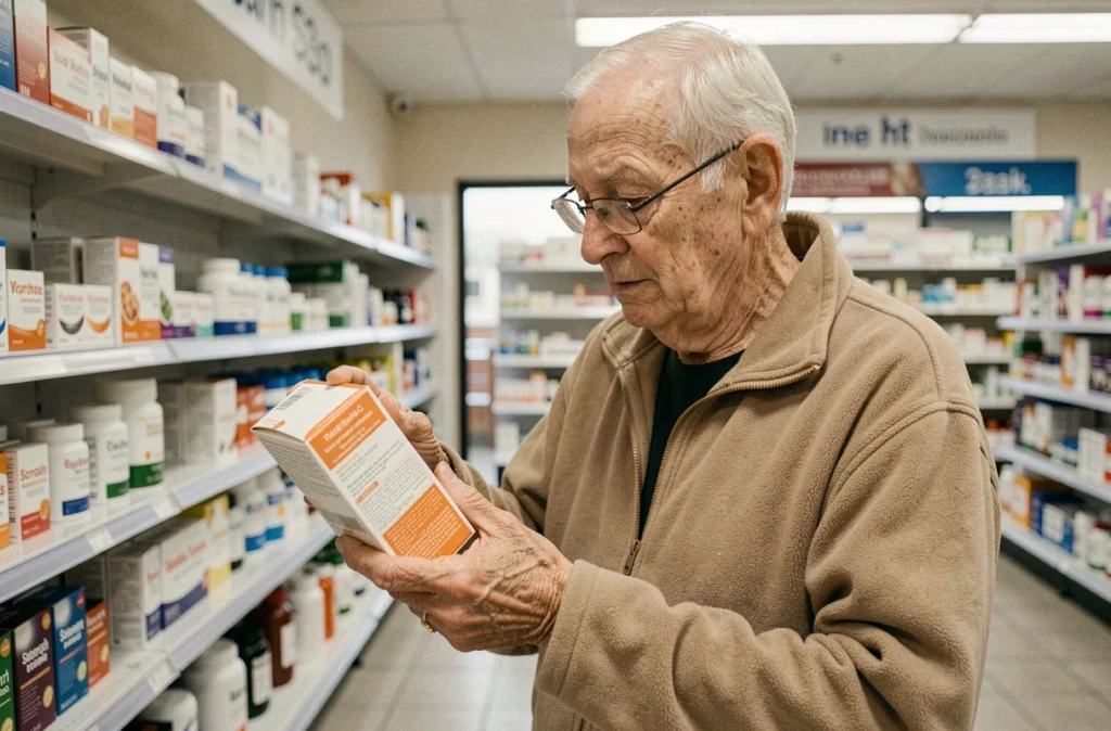 Homme âgé amaigri examinant des compléments nutritionnels en pharmacie, illustration des risques de dénutrition chez la personne âgée