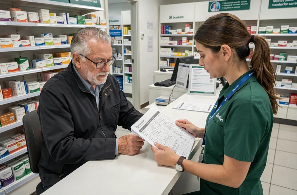 Homme âgé consultant un pharmacien sur le calendrier vaccinal recommandé pour les seniors