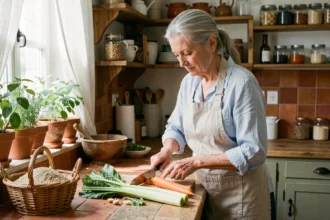 Femme senior en tablier de lin préparant des légumes riches en fibres dans une cuisine rustique