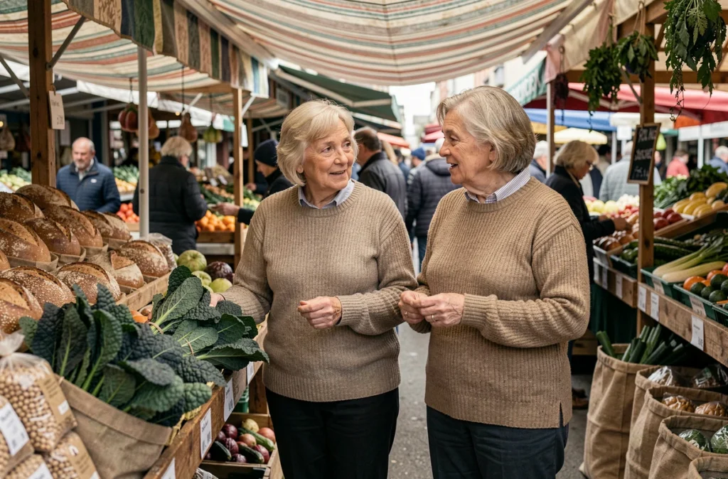 Deux femmes seniors choisissant des aliments riches en fibres comme le kale et les légumineuses au marché