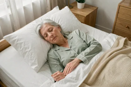 Femme âgée dormant paisiblement dans un lit confortable avec des draps blancs, illustrant la qualité du sommeil pour un vieillissement en bonne santé