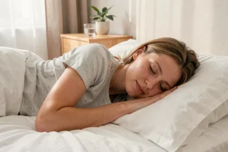 Femme dormant paisiblement dans un lit blanc en lin, illustrant l'importance du sommeil de qualité pour la perte de masse grasse