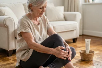 Femme mature massant son genou pour soulager les douleurs articulaires naturellement à domicile