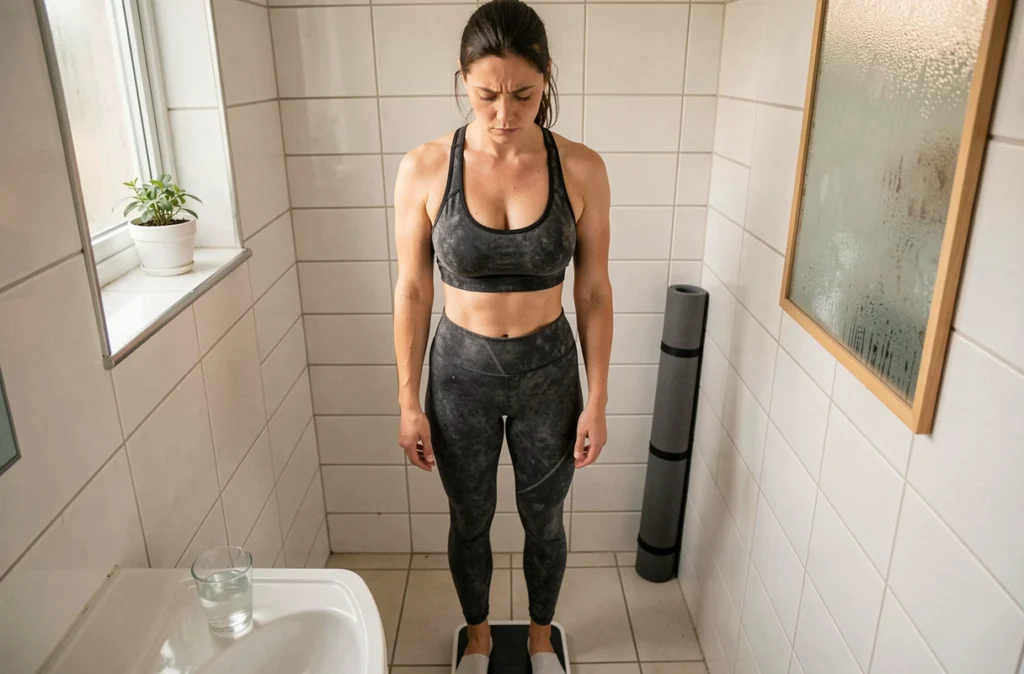 Femme en tenue de sport découragée sur un pèse-personne dans une salle de bain, illustrant les obstacles du stress chronique à la perte de poids durable