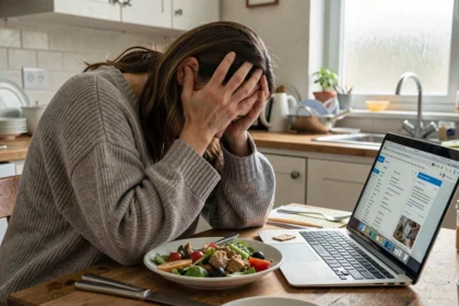 Femme stressée assise devant un repas sain non touché, illustrant le lien entre stress chronique et difficulté à perdre du poids