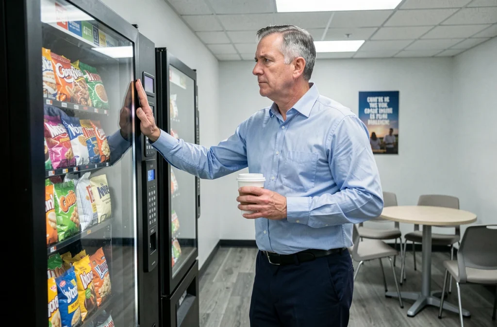 Homme stressé face à un distributeur automatique de snacks au bureau, symbolisant la prise de poids liée au stress chronique au travail