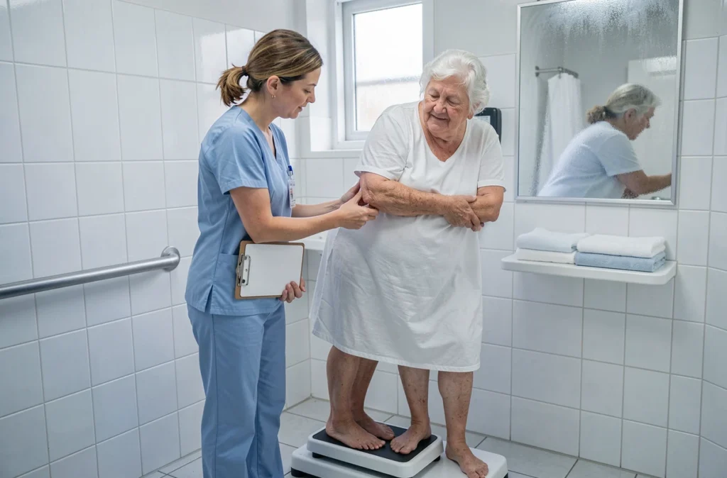Aide-soignante pesant une femme âgée à domicile pour surveiller la perte de poids, dépistage de la dénutrition chez les seniors
