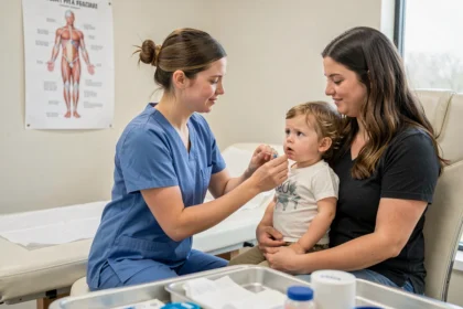 Infirmière pédiatrique administrant un vaccin à un jeune enfant dans un cabinet médical, illustrant la vaccination contre la coqueluche