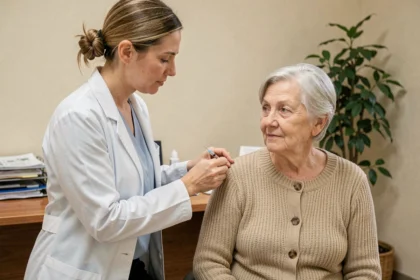 Médecin administrant un vaccin à une femme âgée de plus de 70 ans dans un cabinet médical