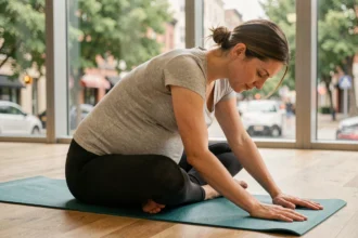 Femme enceinte pratiquant le yoga prénatal sur un tapis dans un studio moderne, favorisant le bien-être physique pendant la grossesse